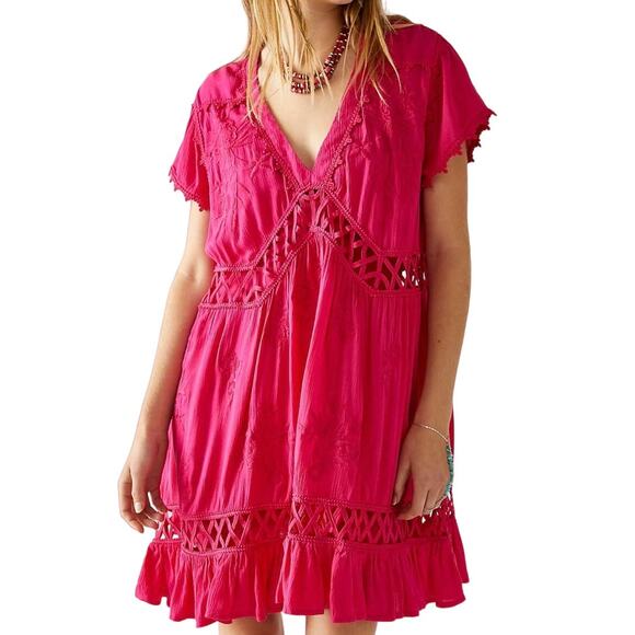 Free People Hot Pink Lattice Cutout Floral Embroidered Tunic Marissa FP Dress - Picture 1 of 7
